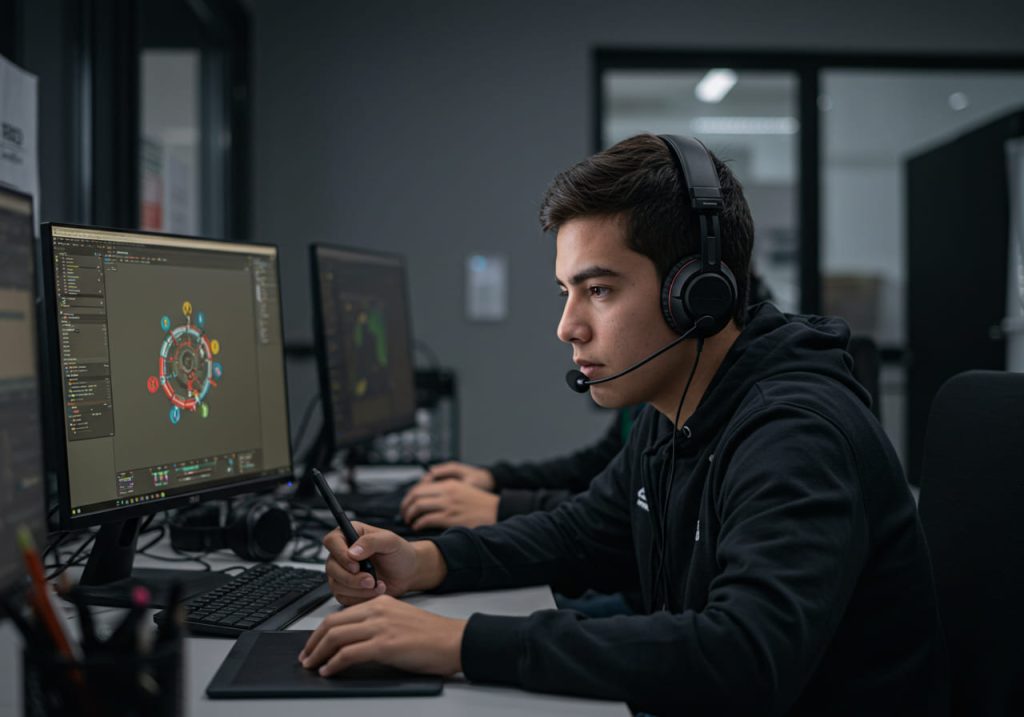 Un joven con auriculares se concentra en la pantalla de un ordenador que muestra una colorida interfaz de desarrollo de videojuegos, mientras utiliza una tableta gráfica; otra persona trabaja en un ordenador cercano en un moderno entorno de oficina.