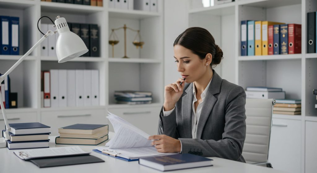 Una mujer vestida con un traje gris está sentada ante la mesa de un despacho moderno, revisando papeles relacionados con el derecho mercantil. Parece concentrada, con libros y carpetas apilados a su alrededor y estanterías llenas de expedientes al fondo.