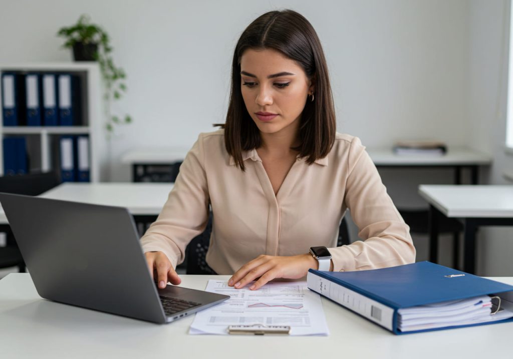 Una mujer de pelo castaño liso trabaja en un escritorio, revisando gráficos de contabilidad en su ordenador portátil y documentos. Lleva una blusa beige y un reloj inteligente. Sobre el escritorio blanco hay una carpeta azul y un portapapeles.
