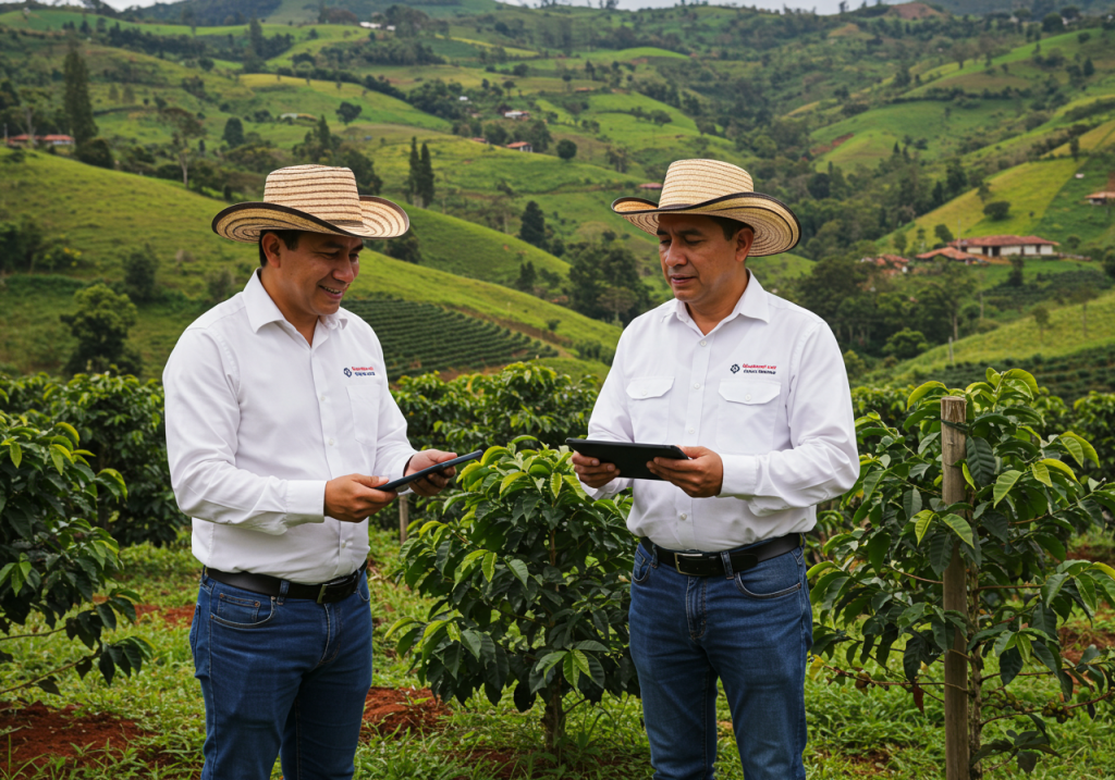 Dos hombres con sombreros de paja y camisas blancas están de pie en un campo verde con dispositivos de tableta, mostrando la innovación agropecuaria entre exuberantes plantas de café y las ondulantes colinas de Risaralda en el fondo.