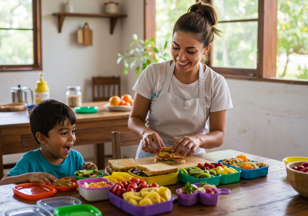 Una mujer sonríe mientras prepara loncheras divertidas con un niño feliz en una mesa llena de coloridos recipientes con frutas, verduras y aperitivos en una cocina luminosa y soleada.