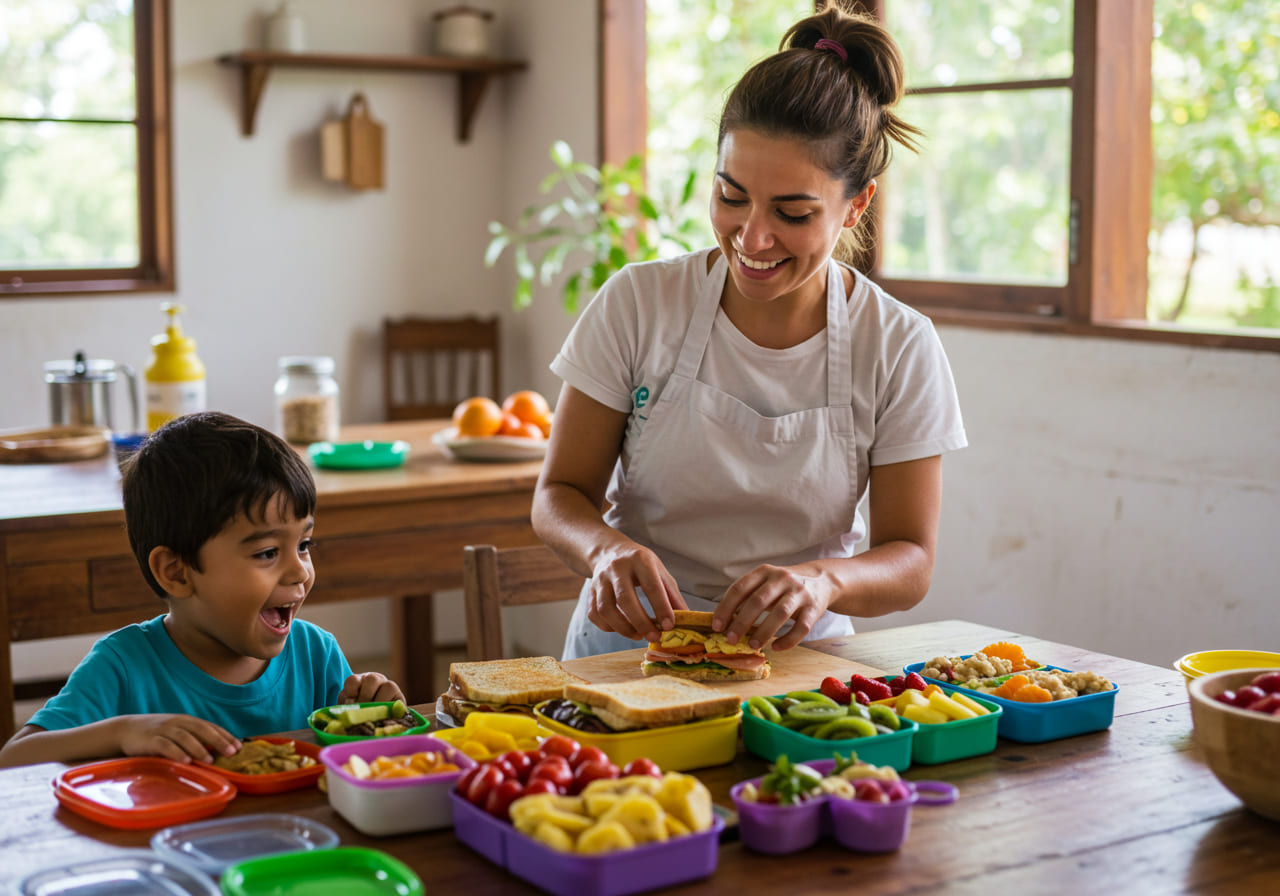 Una mujer sonríe mientras prepara loncheras divertidas con un niño feliz en una mesa llena de coloridos recipientes con frutas, verduras y aperitivos en una cocina luminosa y soleada.