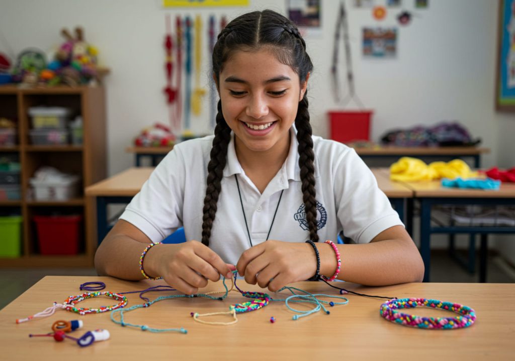 Una niña con el pelo trenzado sonríe mientras hace pulseras de cuentas de colores y bisutería básica en una mesa de clase, rodeada de material de manualidades. Al fondo se ven estanterías con materiales y adornos.