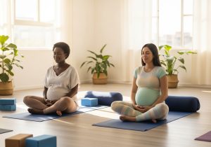 Dos mujeres embarazadas se sientan con las piernas cruzadas sobre esterillas de yoga en un luminoso estudio del Club de la Salud, con los ojos cerrados, meditando. Las rodean accesorios de yoga y plantas en macetas, creando un ambiente tranquilo y apacible.