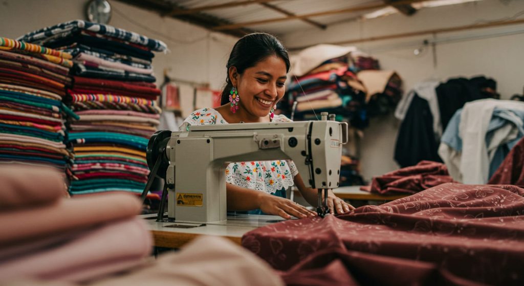 Una mujer sonríe mientras cose tela con una máquina plana en un taller, rodeada de coloridos textiles apilados y materiales de confección.