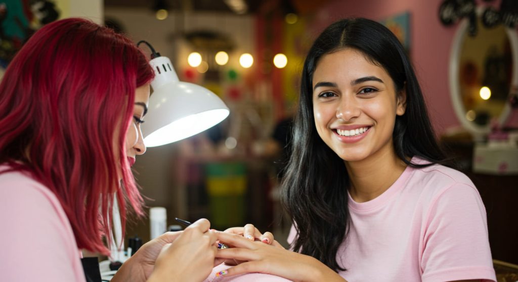Una joven de pelo largo y oscuro sonríe a la cámara mientras una técnica de uñas de pelo rosa le hace la manicura con decoración básica en un salón muy iluminado y colorido.