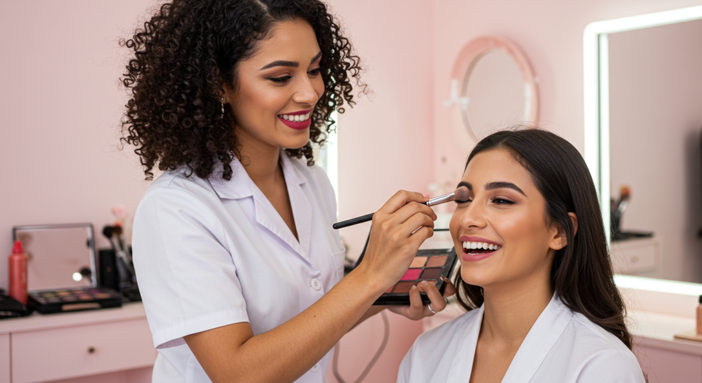 Una maquilladora aplica sombra de ojos nivel 2 a una mujer sonriente sentada en un salón de belleza. Ambas llevan batas blancas, y se ven productos de maquillaje en el mostrador de la sala suavemente iluminada.