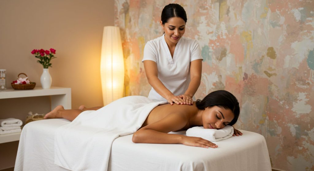 Una mujer está tumbada boca abajo en una camilla de masajes, cubierta con una toalla blanca, mientras un terapeuta con uniforme blanco le da masajes reductores en una sala tranquila, suavemente iluminada y con una decoración relajante.