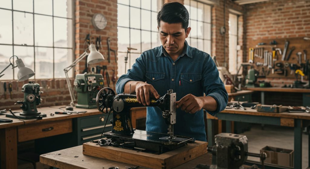 Un hombre con camisa vaquera repara una máquina de confección antigua en un taller iluminado por el sol, con paredes de ladrillo, grandes ventanas y varias herramientas y equipos en bancos de trabajo a su alrededor, mostrando su habilidad en mecánica básica.