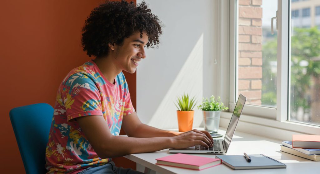 Una persona joven con el pelo rizado se sienta en un escritorio junto a una ventana, sonriendo mientras utiliza un ordenador portátil, tal vez trabajando en tareas digitales de marketing. Cuadernos de colores, una maceta y la luz del sol iluminan el alegre entorno.