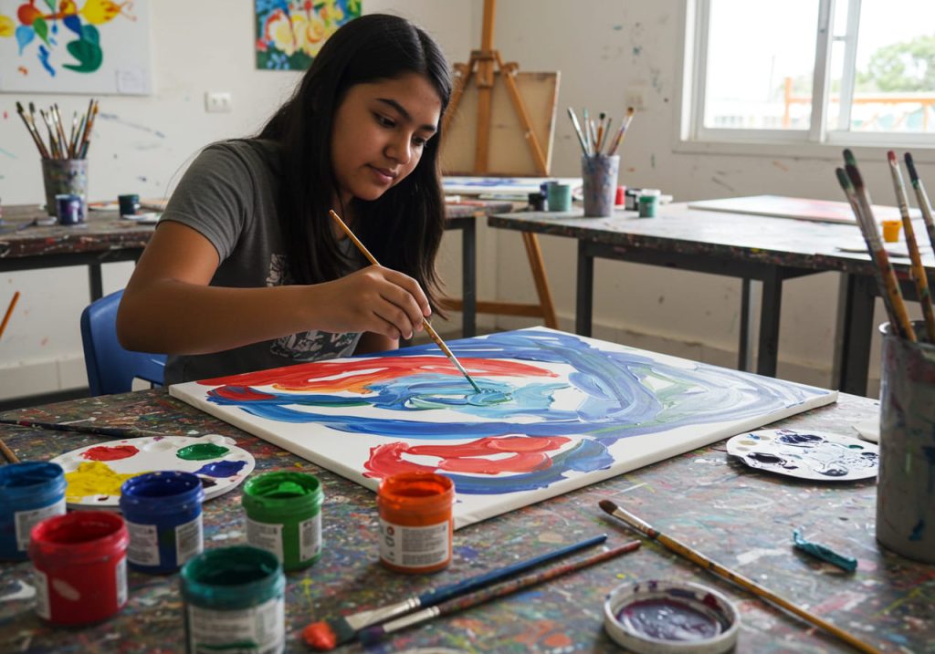 Una niña se sienta a la mesa en un aula de arte, mezcla y crea coloridas formas abstractas sobre un lienzo utilizando pintura mixta. A su alrededor hay botes de pintura y pinceles, y en las paredes hay obras de arte terminadas.