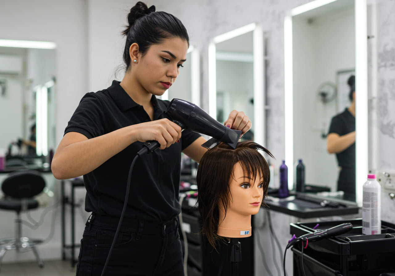 Una mujer con camisa negra practica el cepillado de dama mientras seca el pelo de una cabeza de maniquí en un salón moderno y bien iluminado, perfeccionando sus técnicas de peinado.