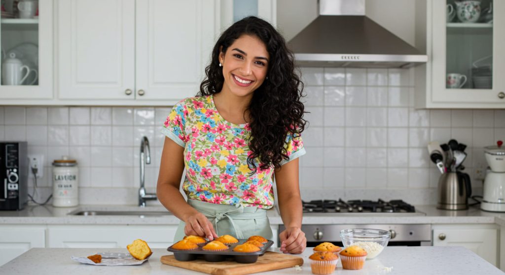 Una mujer sonriente con una camisa de flores está de pie en una cocina, sosteniendo una bandeja con magdalenas recién hechas. En la encimera, frente a ella, hay magdalenas, un bol y utensilios. La cocina tiene armarios y electrodomésticos blancos.