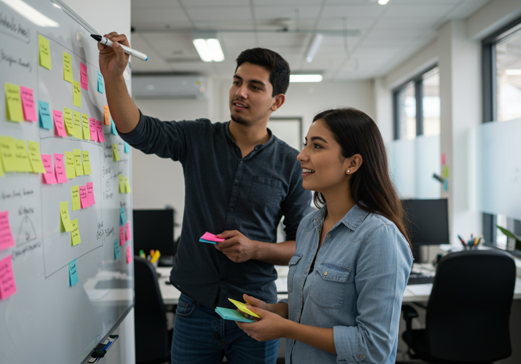 Dos personas de pie junto a una pizarra blanca cubierta de notas adhesivas de colores y planos de proyectos. Una escribe mientras la otra sujeta notas adhesivas y sonríe, utilizando técnicas Neuroflex para entrenar tu cerebro para un rendimiento óptimo en una oficina moderna y luminosa.