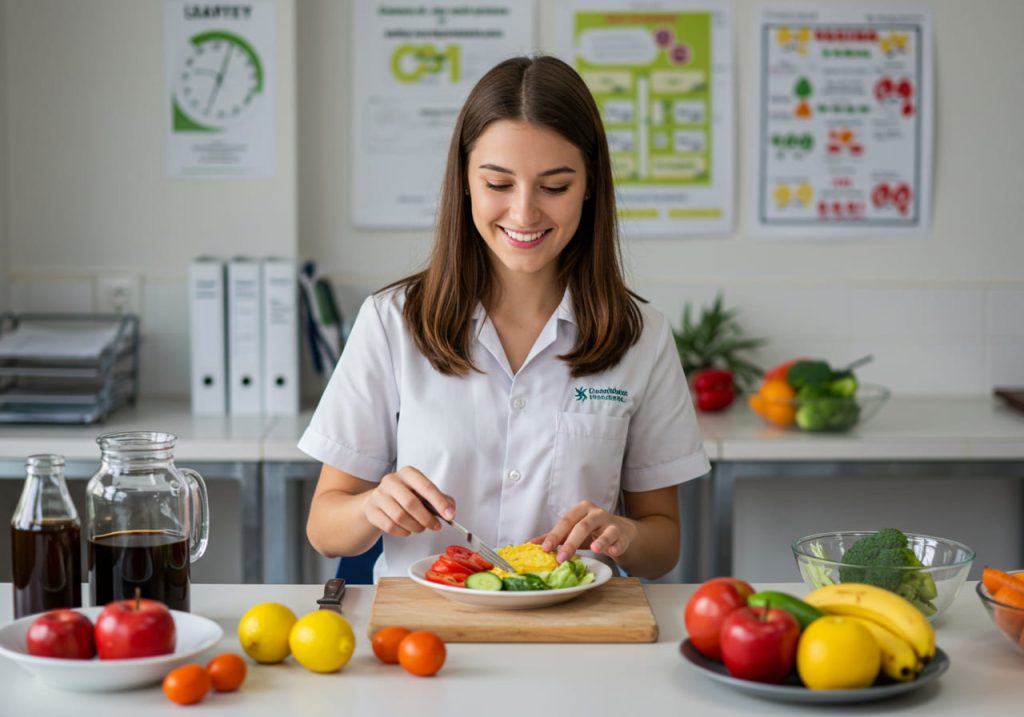 Una joven con bata blanca de laboratorio corta verduras en una mesa llena de productos frescos en una cocina moderna y luminosa, destacando la importancia de una buena alimentación. En la pared detrás de ella se ven carteles y gráficos educativos sobre nutrición.