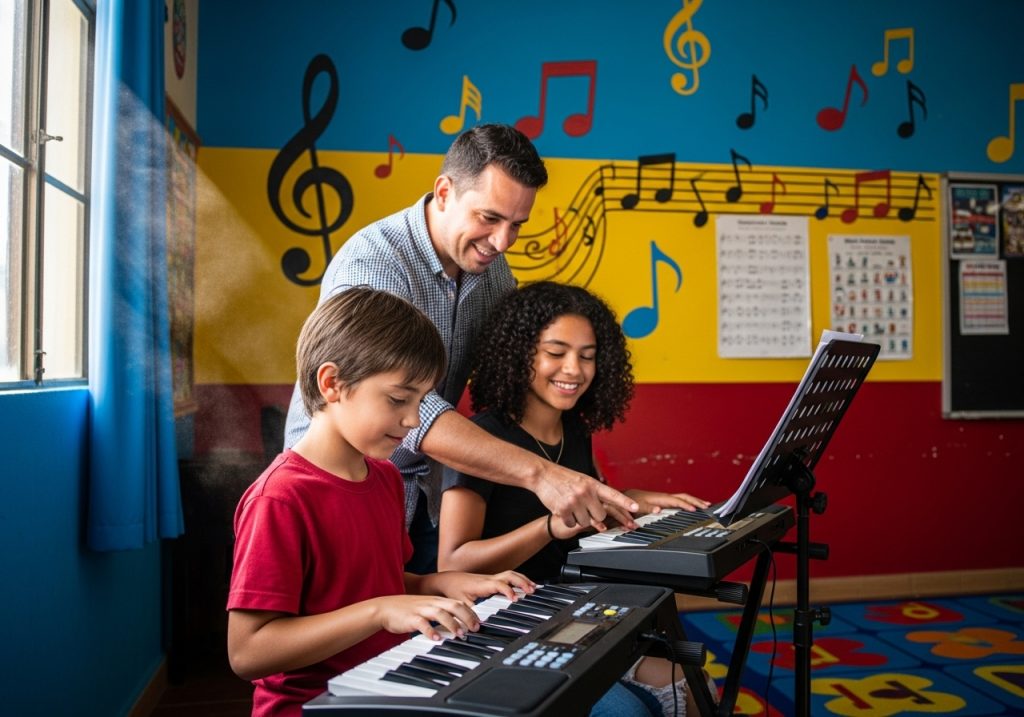 Un chef infantil guía a dos niños a tocar el teclado en una colorida aula de música decorada con notas y símbolos musicales. Los niños sonríen mientras siguen sus expertas instrucciones.