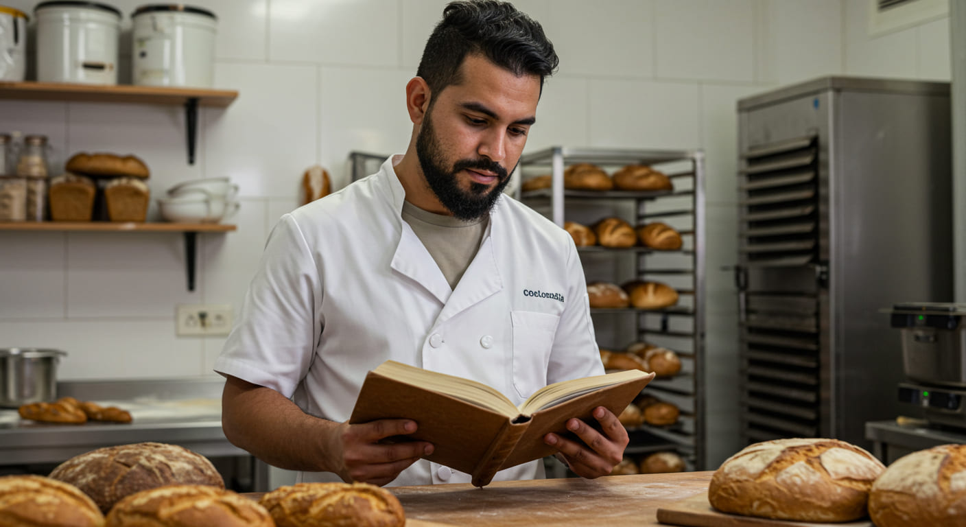 Un panadero con bata blanca lee un libro en la cocina de una panadería artesanal, rodeado de barras de pan sobre la mesa y hornos llenos de pan al fondo.