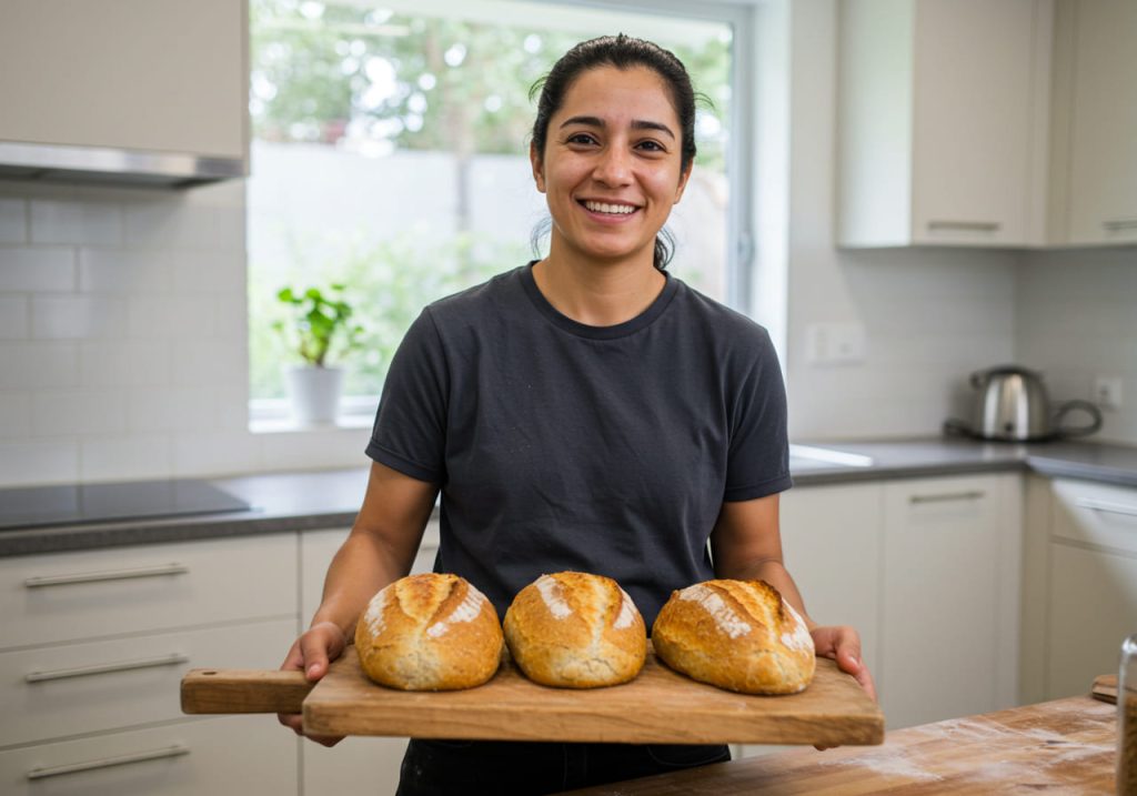 Una persona sonríe y sostiene una tabla de madera con tres panes redondos de gluten pan sin en una cocina moderna.