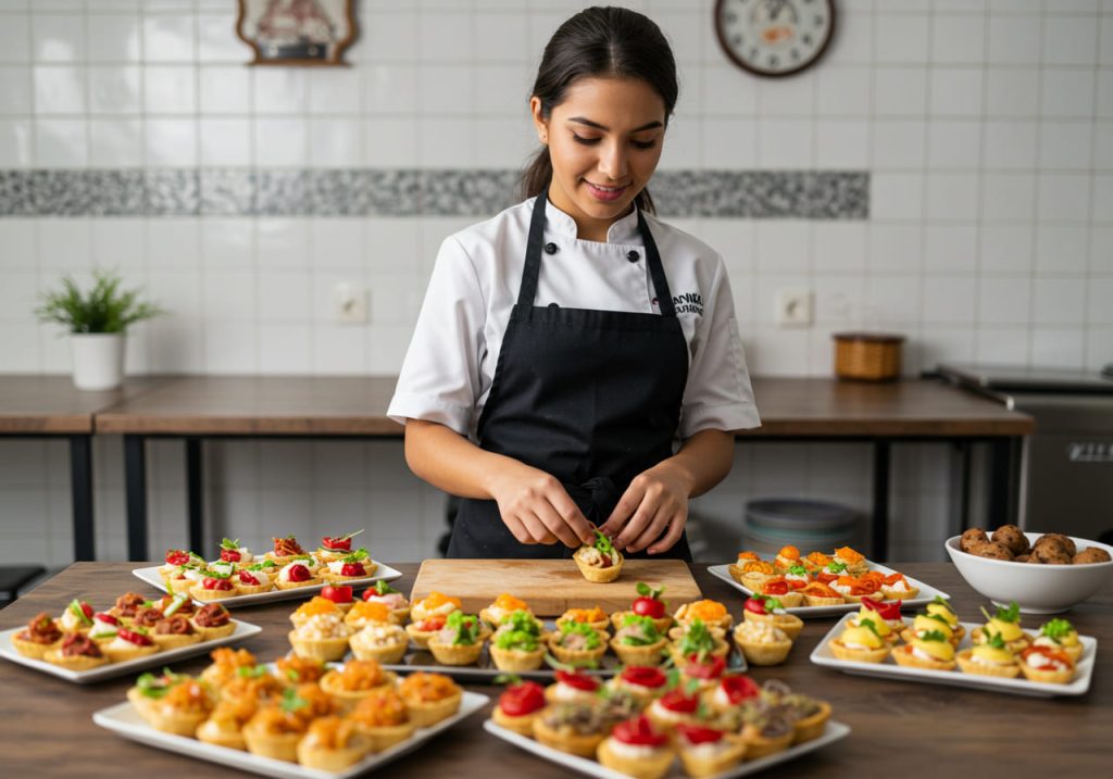 Una mujer con uniforme de cocinera prepara pasabocas para toda ocasión en platos en una cocina. Está concentrada en la disposición de la comida, con varios aperitivos y pasabocas de colores expuestos en la mesa frente a ella.
