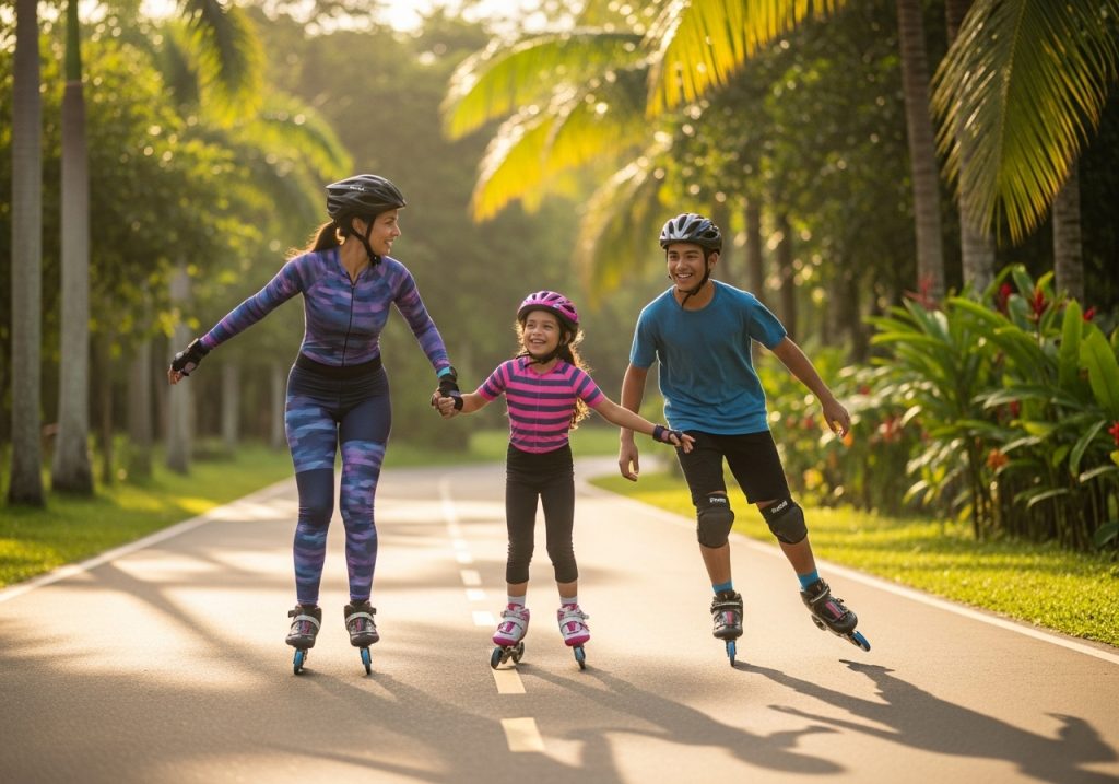 Una mujer, una niña y un adolescente patinan juntos por un camino soleado bordeado de palmeras. Los tres llevan casco y van cogidos de la mano, sonriendo y disfrutando de la actividad al aire libre.