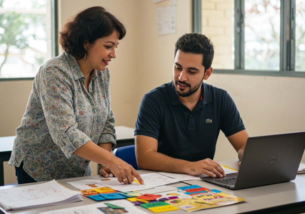 Una mujer y un hombre se sientan a una mesa con papeles, tarjetas de colores y un ordenador portátil. La mujer señala un papel mientras habla de didáctica educativa, mientras el hombre escucha atentamente. Parecen estar trabajando en un proyecto de pedagogía en un despacho o un aula.