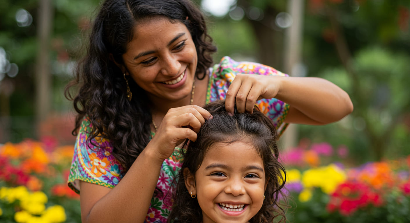 Una mujer sonríe mientras trenza el pelo de una niña al aire libre, con flores de colores y vegetación de fondo. La niña, luciendo sus peinados infantiles, sonríe feliz a la cámara.