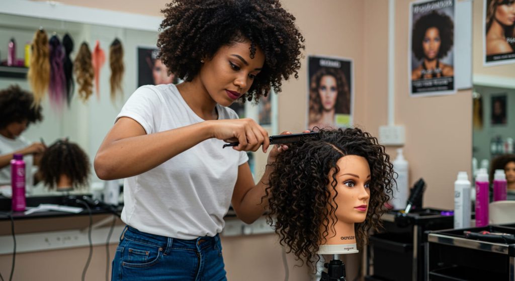 Una mujer con el pelo rizado utiliza una plancha para peinar una cabeza de maniquí en una peluquería, rodeada de productos capilares y pelucas, mostrando sus competencias en peluquería.