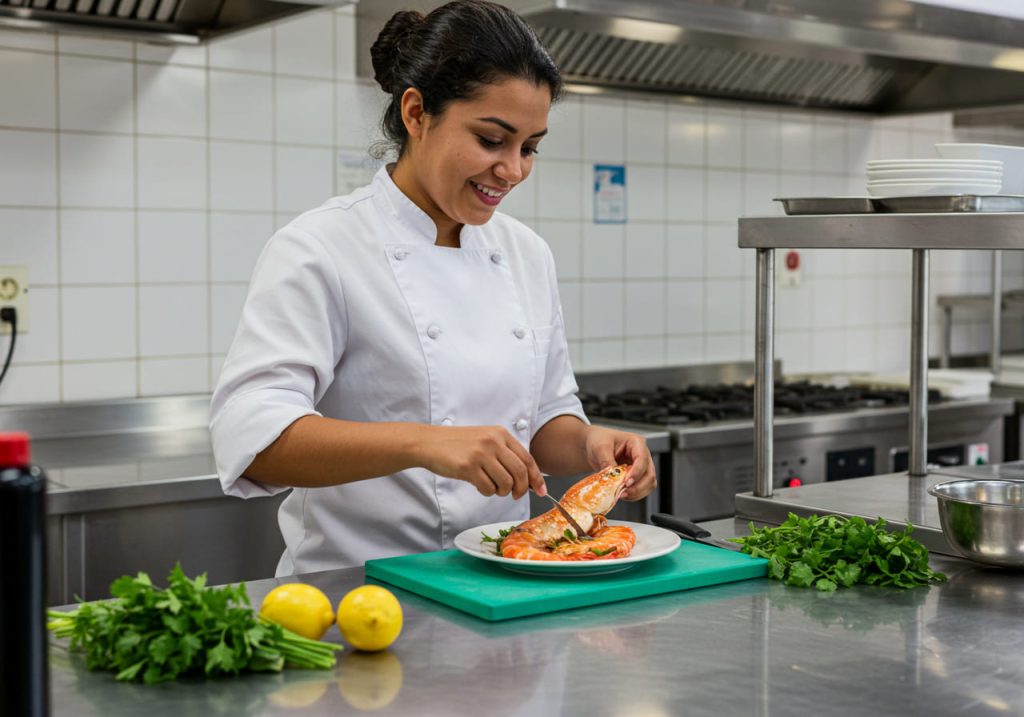 Una cocinera con uniforme blanco prepara un plato de mariscos en una cocina profesional y sonríe mientras coloca gambas en un plato blanco. En la encimera, a su lado, hay hierbas frescas y limones.