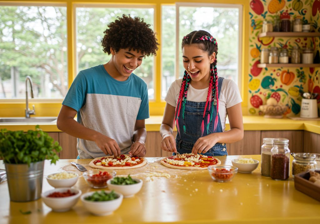 Dos niños sonrientes disfrutan de una fiesta de pizza mientras preparan juntos pizzas caseras en una cocina luminosa y colorida. Sobre la encimera amarilla se extienden varios ingredientes de pizza mientras la luz del sol se cuela por los grandes ventanales del fondo.