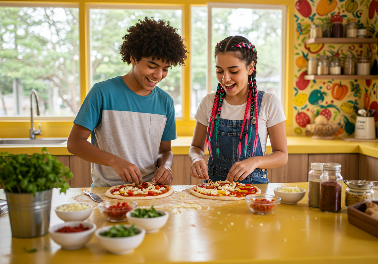Dos niños sonrientes disfrutan de una fiesta de pizza mientras preparan juntos pizzas caseras en una cocina luminosa y colorida. Sobre la encimera amarilla se extienden varios ingredientes de pizza mientras la luz del sol se cuela por los grandes ventanales del fondo.
