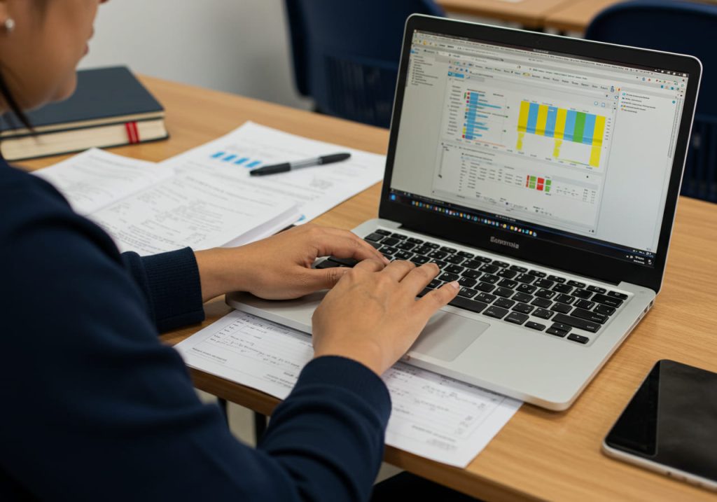 Una persona teclea en un ordenador portátil que muestra coloridos gráficos de barras y tablas de datos, probablemente utilizando hojas electrónicas. Sobre el escritorio hay papeles, un bolígrafo y libros que sugieren la realización de análisis o informes. La persona parece concentrada en su tarea.