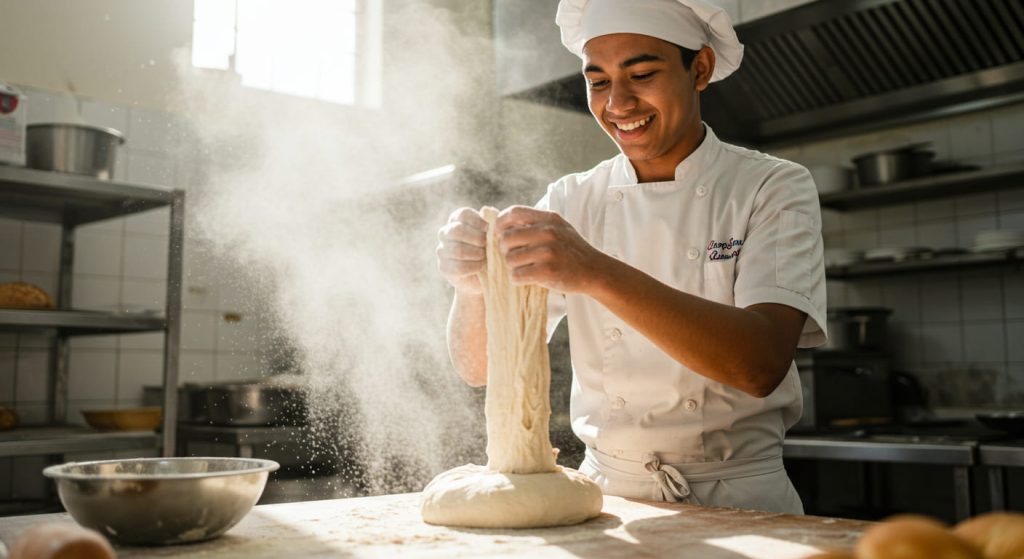 Una panadera sonriente con uniforme blanco y sombrero amasa la masa sobre una encimera enharinada en una cocina de panadería iluminada por el sol, con el polvo de harina levantándose en el aire mientras demuestra los procesos básicos de panadería.