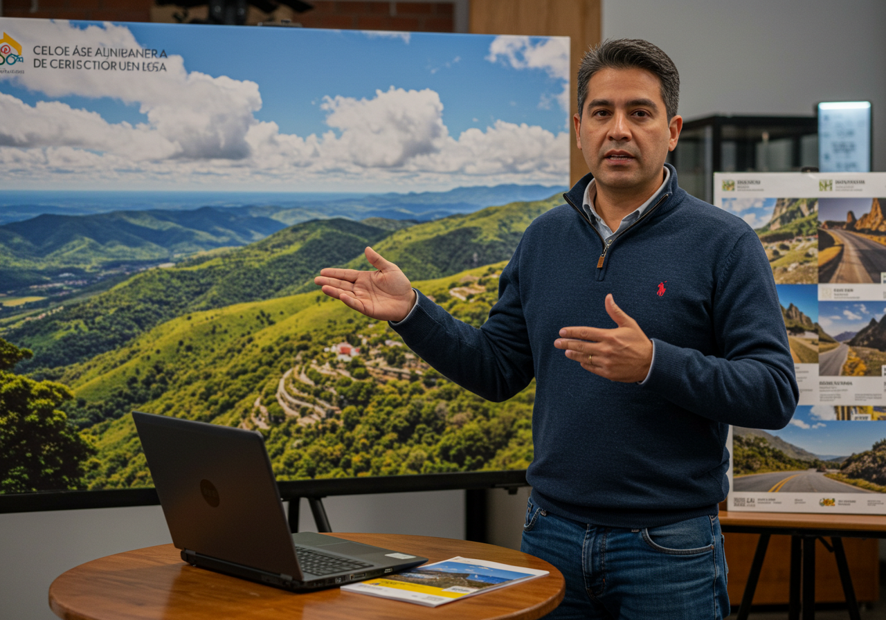 Un hombre está de pie junto a un portátil, gesticulando mientras hace una presentación sobre aceleración de empresas turísticas. Detrás de él, grandes carteles de verdes montañas y sinuosas carreteras evocan el encanto de los viajes por la naturaleza de Colombia en el marco de un seminario profesional.