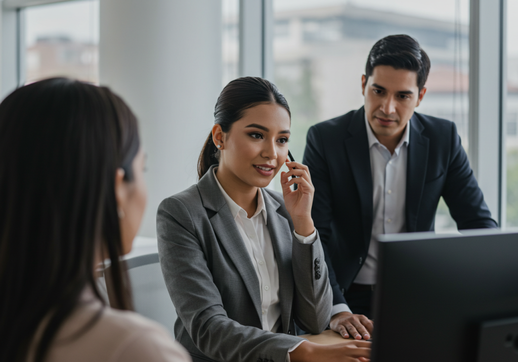 Tres profesionales de negocios vestidos de etiqueta están reunidos alrededor de un ordenador en una oficina moderna, colaborando en estrategias para resolver desafíos con clientes difíciles mientras una mujer habla por teléfono y los demás escuchan atentamente.