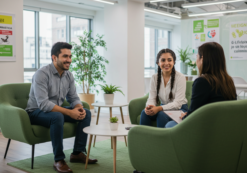 Tres personas discuten sobre la gestión del bienestar en un moderno salón de oficina con sillas verdes, mesas redondas y plantas. Dos sonríen a la cámara, mientras que otra, con un bloc de notas, está sentada mirando hacia otro lado. Grandes ventanales llenan la zona de luz natural.