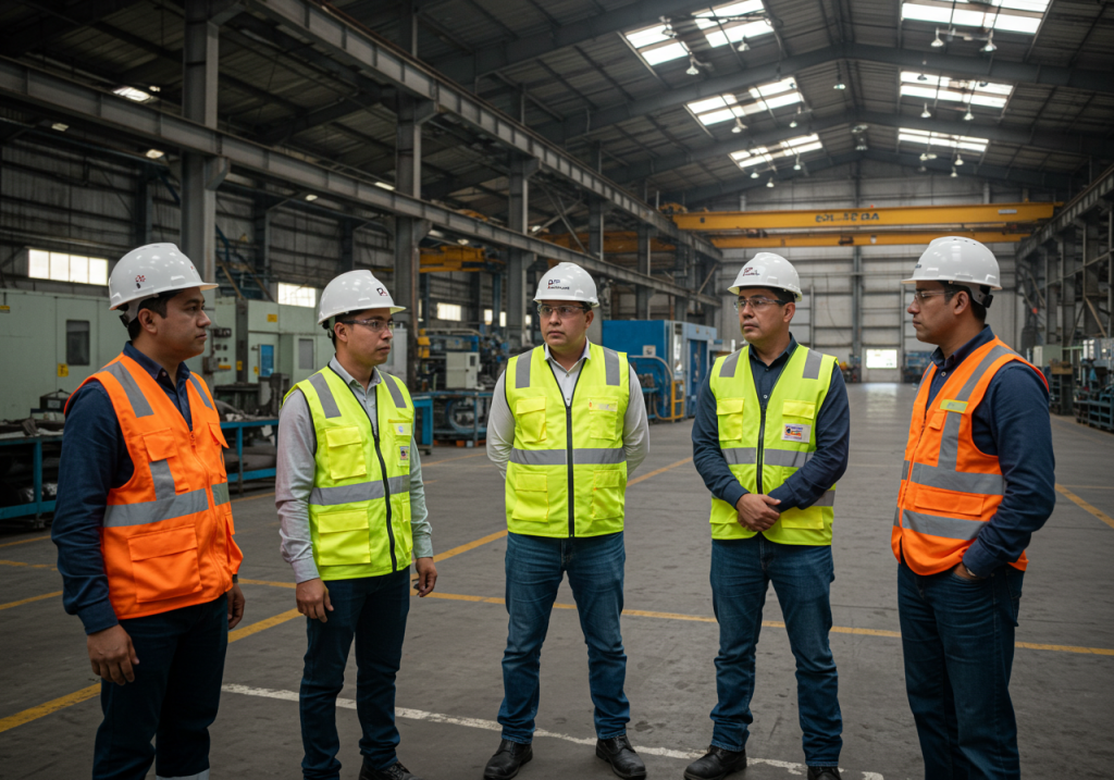 Cinco hombres con cascos y chalecos de alta visibilidad de pie, en círculo, hablan con un enfoque estratégico sobre seguridad y salud en el trabajo dentro de una gran nave industrial con maquinaria y grúas de fondo.