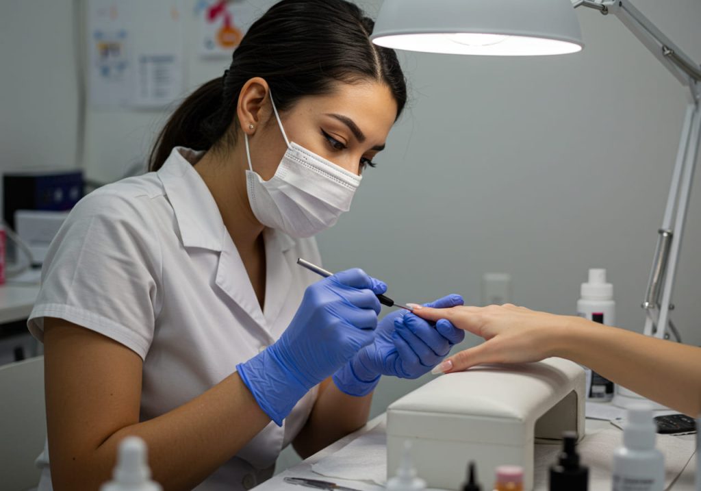 Una técnica de uñas con mascarilla y guantes azules aplica cuidadosamente esmalte semipermanente en las uñas de una clienta en un salón bien iluminado. La clienta apoya la mano en un cojín blanco mientras el técnico perfecciona la decoración.