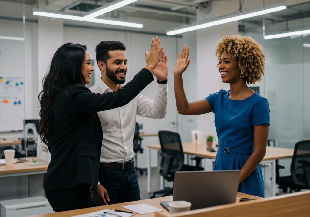 Tres compañeros en una oficina, sonriendo y chocándose los cinco cerca de un escritorio con un portátil y tazas de café, celebrando el trabajo en equipo y la sinergia.