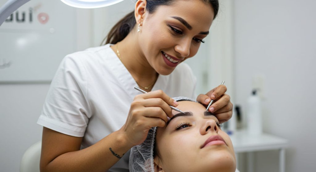 Una esteticista sonríe mientras da forma a las cejas de una clienta con pinzas en un salón luminoso y limpio, donde se ofrecen servicios como depilación con hilo y sombreado temporal de cejas. La clienta está tumbada, con un gorro desechable para el pelo.