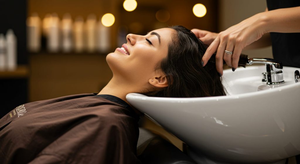 Una mujer reclinada en una silla de salón, sonriendo con los ojos cerrados mientras un estilista le lava el pelo durante un relajante spa capilar en un lavabo blanco. El fondo está suavemente difuminado con luces cálidas y estantes de productos.