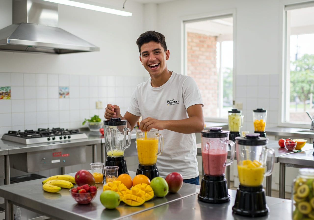 Un joven sonriente, de pie en una luminosa cocina, prepara batidos Súper. Varias licuadoras y frutas frescas como plátanos, mangos, manzanas y fresas se alinean en el mostrador de acero inoxidable para sus batidos naturales.