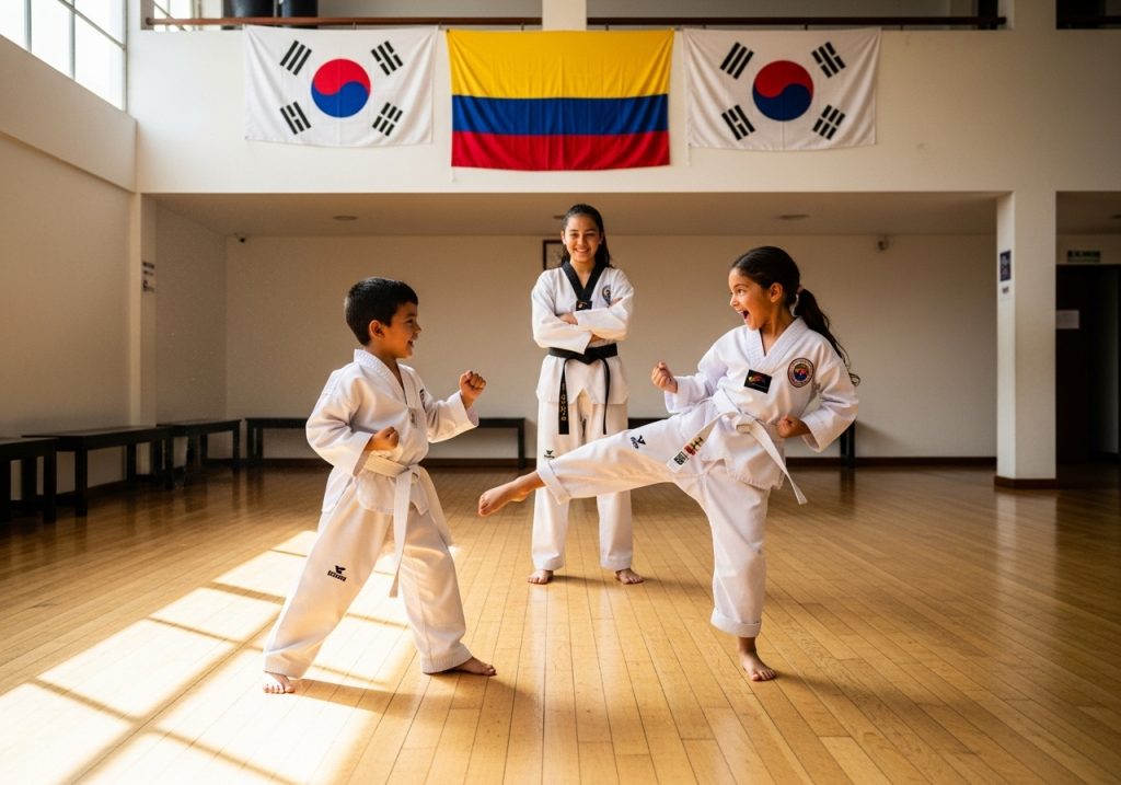 Dos niños con uniformes blancos de artes marciales practican sparring mientras una mujer con un atuendo similar observa y sonríe. Banderas de Corea y Colombia cuelgan de la pared detrás de ellos en un estudio muy iluminado.