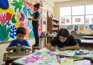 Los niños crean arte en una colorida aula; uno moldea arcilla como un chef infantil que elabora golosinas, otro dibuja monstruos con rotuladores y un tercero pinta un mural en la pared, rodeado de vibrantes obras de arte y material artístico.