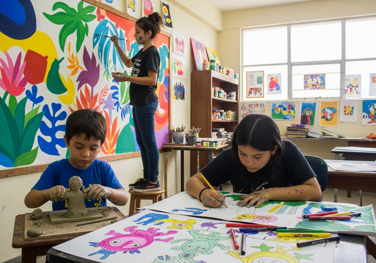 Los niños crean arte en una colorida aula; uno moldea arcilla como un chef infantil que elabora golosinas, otro dibuja monstruos con rotuladores y un tercero pinta un mural en la pared, rodeado de vibrantes obras de arte y material artístico.