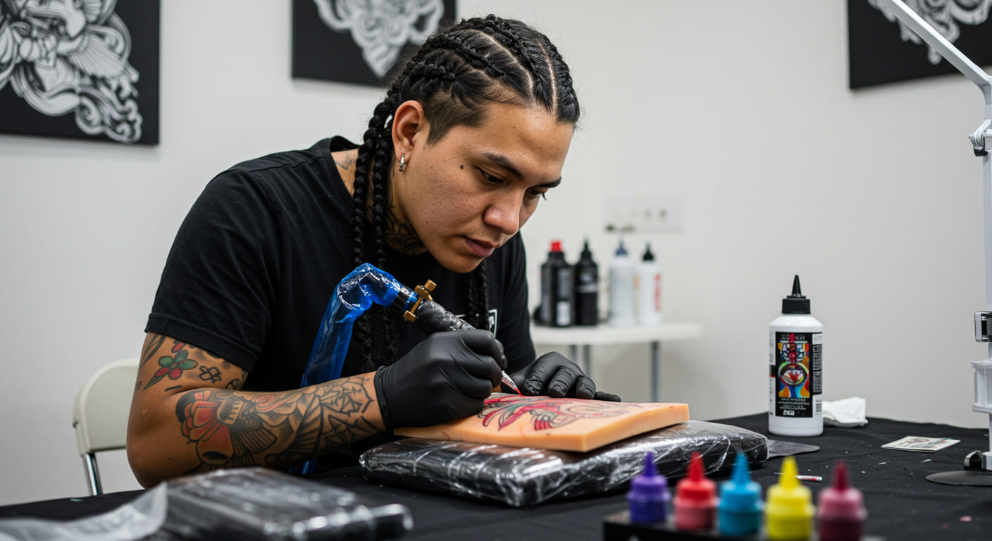 Un artista del tatuaje con el pelo trenzado y tatuajes practica tatuajes para principiantes sobre piel sintética, concentrándose intensamente mientras sujeta una máquina de tatuar. Botellas de tinta y suministros están sobre la mesa en un estudio limpio y bien iluminado.