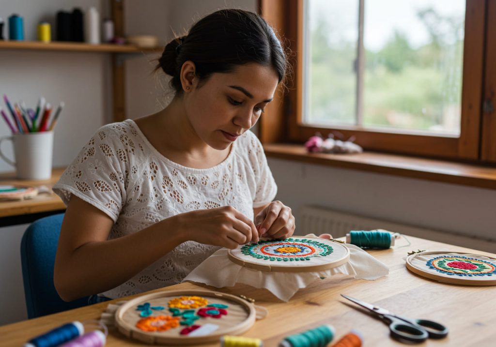 Una mujer sentada junto a una ventana, concentrada en el bordado a mano, borda un colorido mandala en una tela sostenida por un aro. Carretes de hilo, tijeras y piezas de bordado terminadas están sobre la mesa a su lado.
