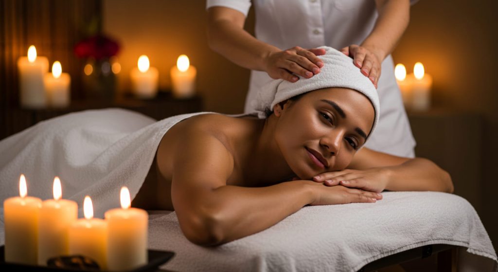Una mujer con una toalla envuelta alrededor de la cabeza yace en una camilla de masaje, sonriente y relajada, mientras recibe un masaje craneal. Unas velas encendidas crean un ambiente cálido mientras disfruta de las técnicas de SPA en el nivel 1.