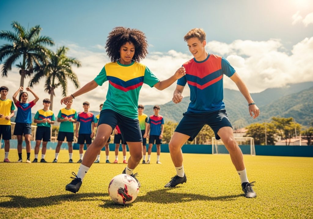 Dos adolescentes juegan al fútbol en un campo soleado, compitiendo estrechamente por el balón. Detrás de ellos, un grupo de compañeros de equipo con uniformes de colores forman una fila, observando, capturando la diversión y la energía de Vacaciones Kids bajo las palmeras y las montañas.