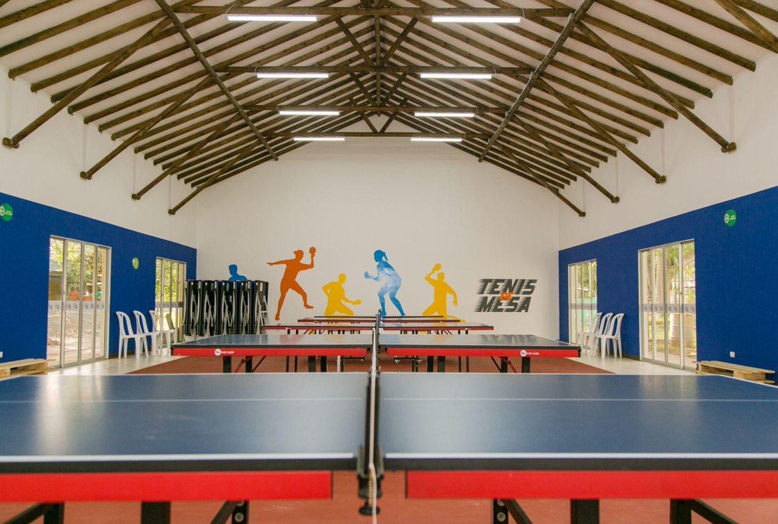 La sala interior de tenis de mesa, muy iluminada, cuenta con dos mesas, paredes azules, sillas apiladas y murales de siluetas de colores jugando. En la pared del fondo se puede leer Tenis de Mesa.