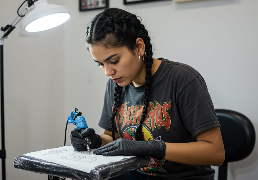 Una mujer con el pelo trenzado, con guantes y una camiseta gráfica, tatúa cuidadosamente un diseño con tinta en un bloc de prácticas bajo una lámpara brillante: la práctica perfecta para los principiantes en el estudio.